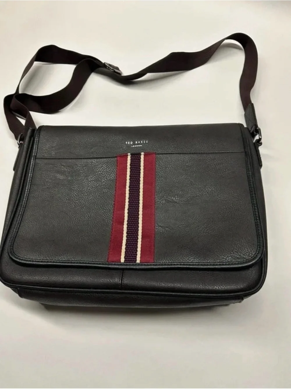Ted Baker Black Leather Messenger with Burgundy and Cream Stripe